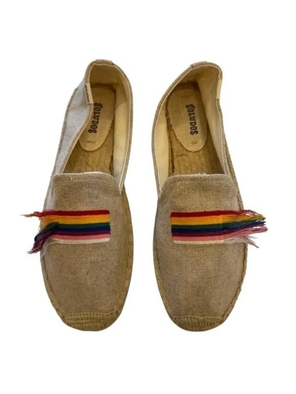 Soludos Womens Rainbow Espadrilles Size 9 Beige Canvas Slip On Pride Flats Shoes